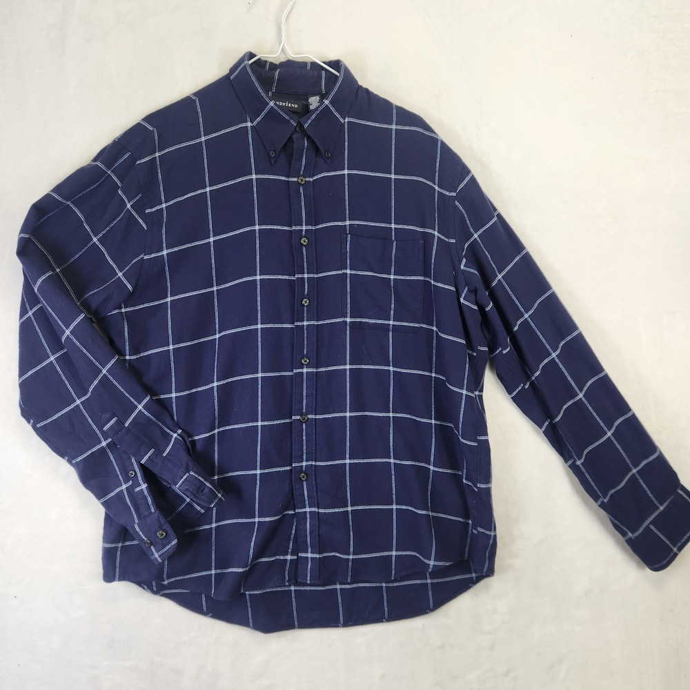 Lands End Mens Navy Blue Windowpane Plaid Button Down Shirt Large 16-16.5 L
